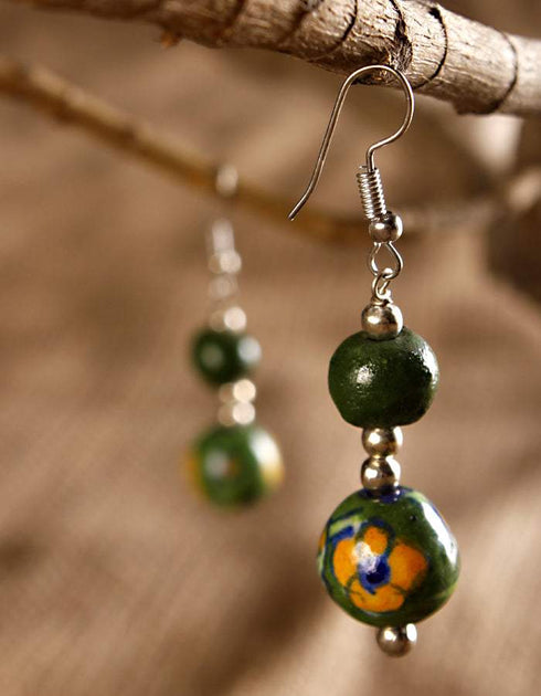 Blue Pottery 2 Bead Earring (Green)